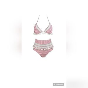 COCOSHIP Mesh Striped High Waist Bikini Set Tassel Trim Top Halter Strap Sz.8